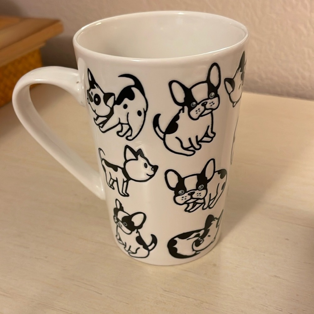 Graydon Hall Dog Mug, Black and White, Praying Dog, Kissing Dog, Playful Dog
